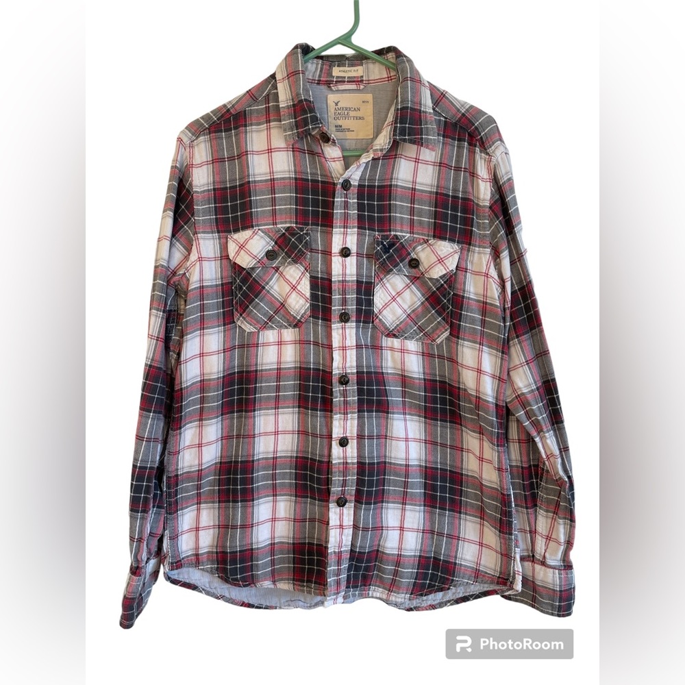 American Eagle Athletic Fit Mens Medium Red Plaid Chambray Lined Button Up Shirt